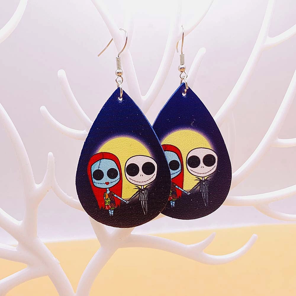 Wholesale Horror Christmas Skull Print Water Droplet Shaped PU Leather Earrings