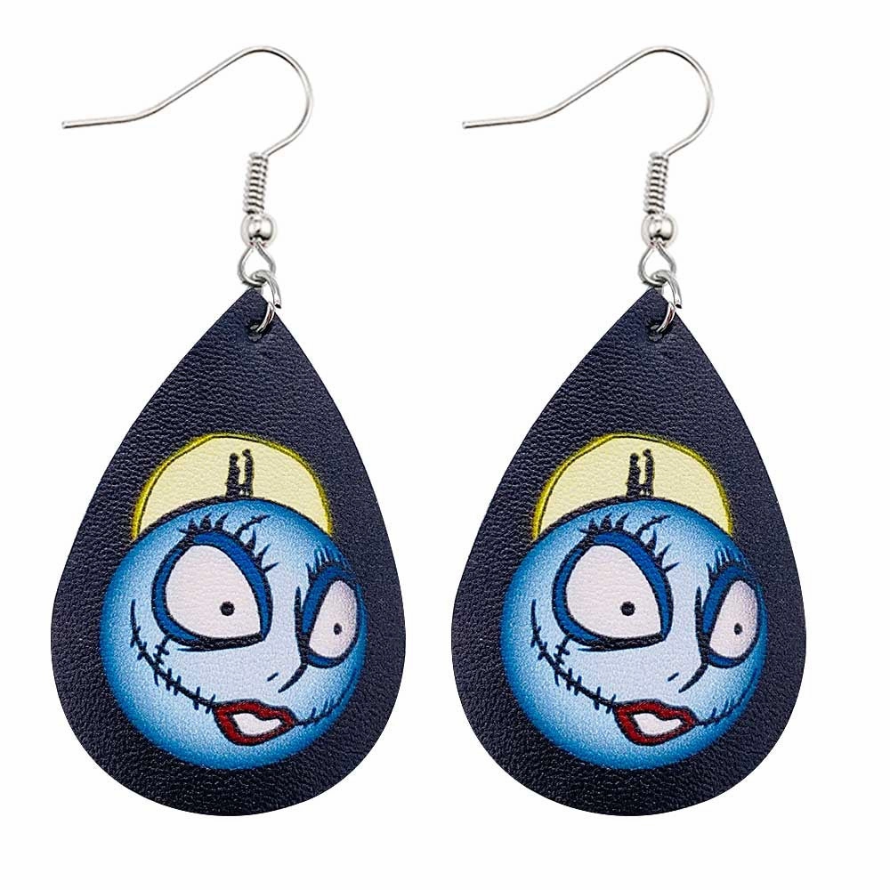 Wholesale Horror Christmas Skull Print Water Droplet Shaped PU Leather Earrings