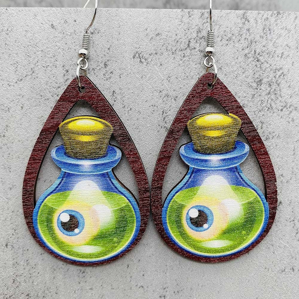 Wholesale Horror Ghost Witch Medicine Jar Printed Wooden Earrings