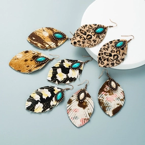 Wholesale Horsehair Genuine Leather Leaf Tassel Vintage Turquoise Leopard Earrings