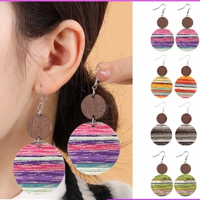 Wholesale Hot Stamping Suede Boho Vintage Colorful Striped Leather Wood Earrings