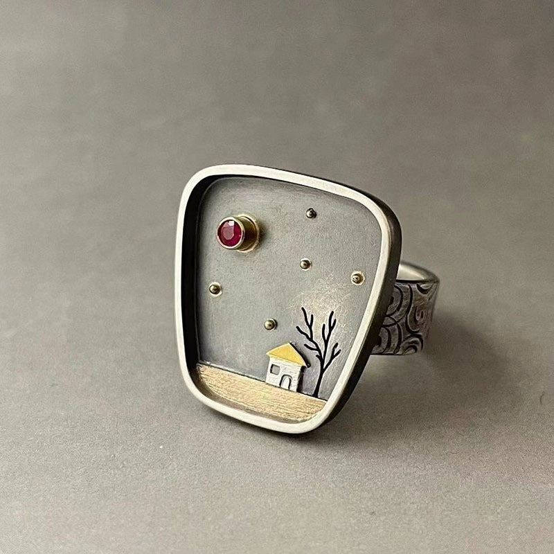 Wholesale House Tree Inlaid Rhinestones Geometric Graffiti Carved Vintage Ring