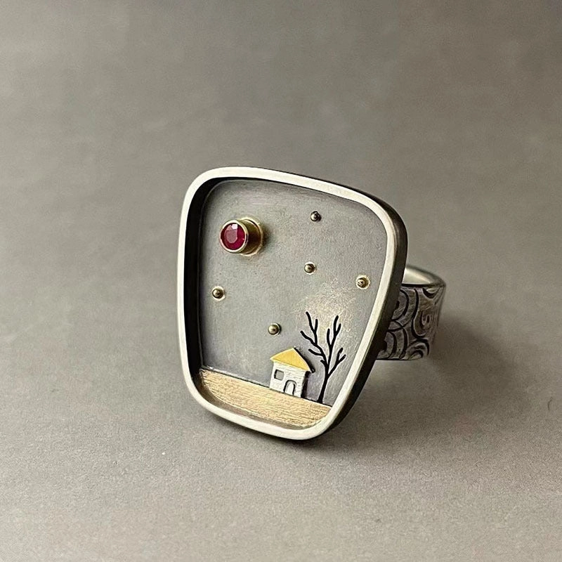 Wholesale House Tree Inlaid Rhinestones Geometric Graffiti Carved Vintage Ring