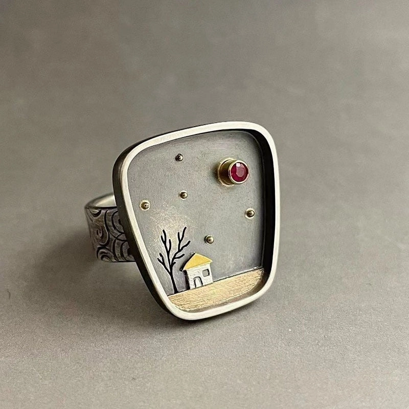 Wholesale House Tree Inlaid Rhinestones Geometric Graffiti Carved Vintage Ring