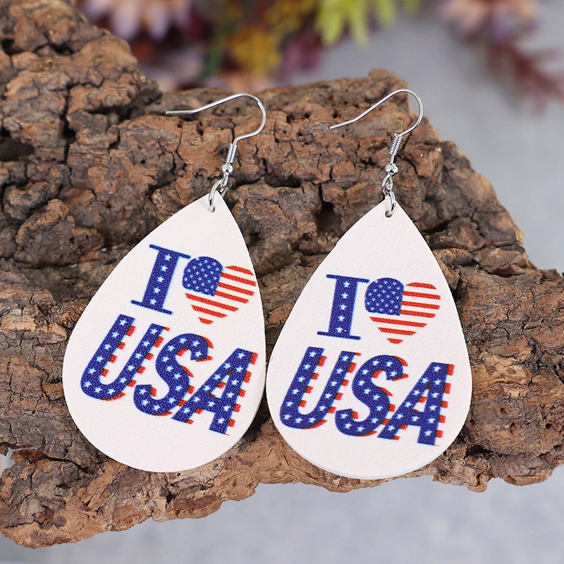 Wholesale I Love USA Teardrop Leather Earrings