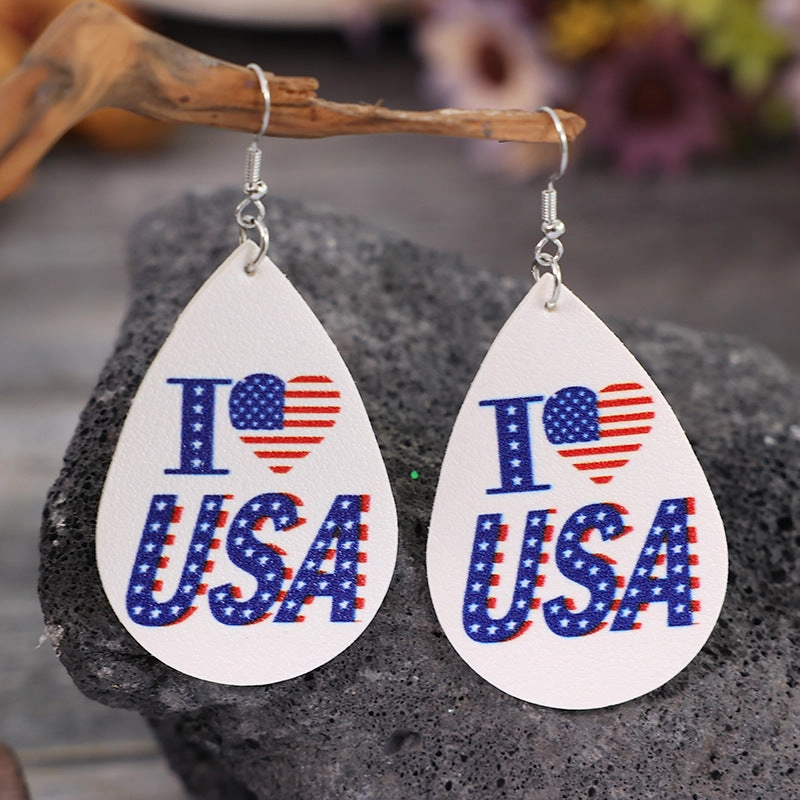 Wholesale I Love USA Teardrop Leather Earrings