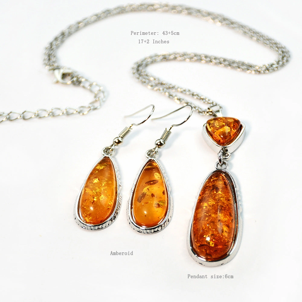 Wholesale Imitation Amber Water Drop Alloy Necklace Earrings Set