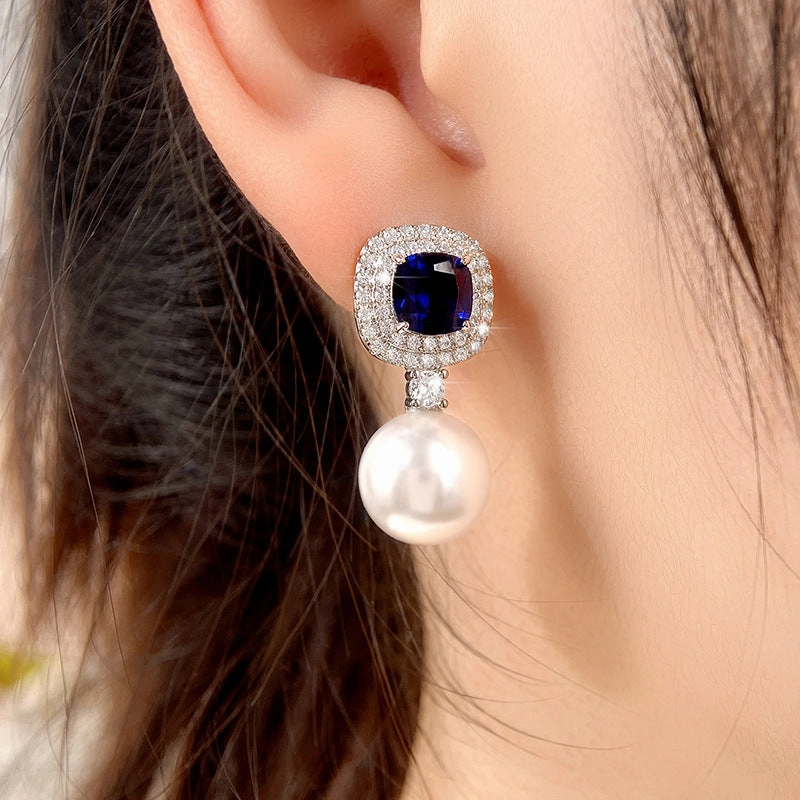 Wholesale Imitation Pearl Inlaid Blue Zircon Earrings