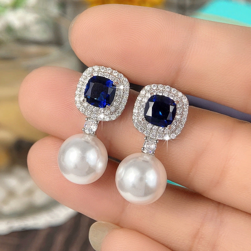 Wholesale Imitation Pearl Inlaid Blue Zircon Earrings