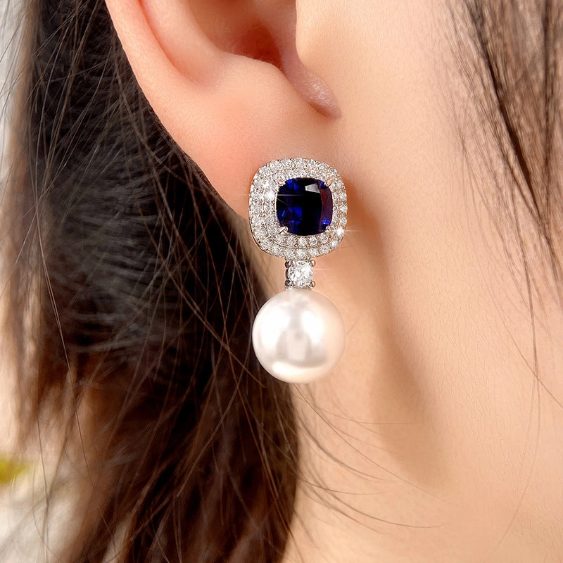 Wholesale Imitation Pearl Inlaid Blue Zircon Earrings