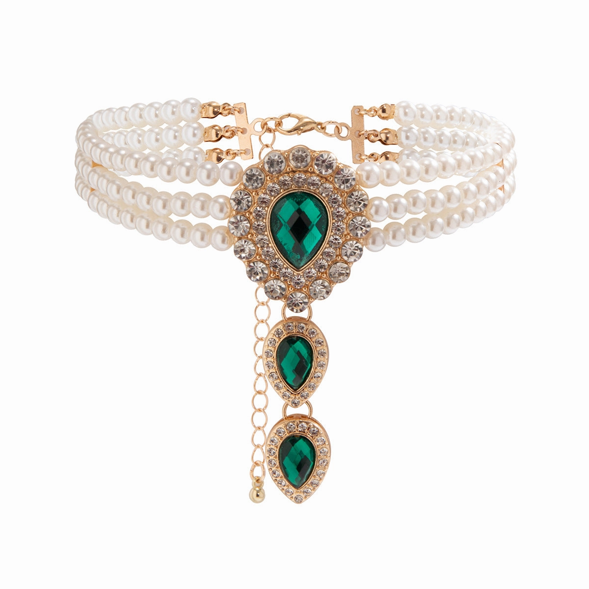 Wholesale Imitation Pearl Inlaid Diamond Gemstone Necklace Retro Style Beaded Choker Necklace