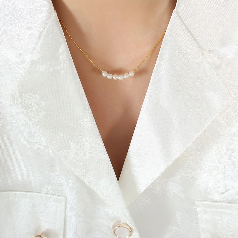 Wholesale Imitation Pearl Round Beads Titanium Steel Gold Plated Necklace