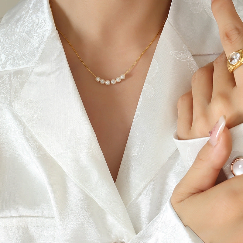Wholesale Imitation Pearl Round Beads Titanium Steel Gold Plated Necklace
