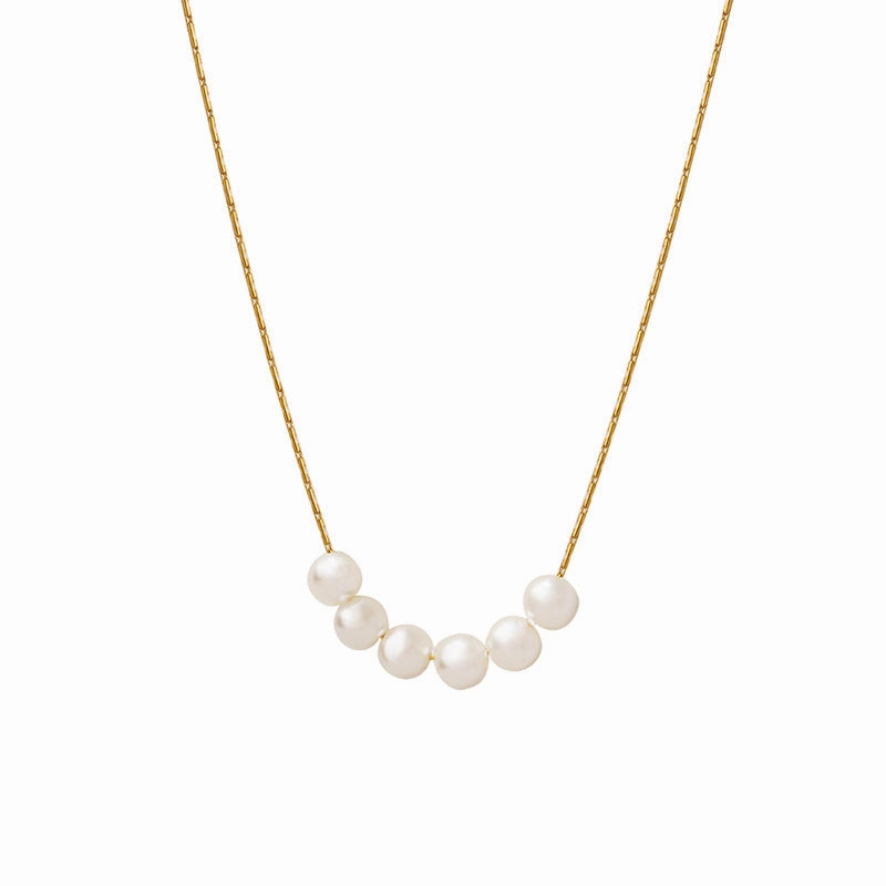 Wholesale Imitation Pearl Round Beads Titanium Steel Gold Plated Necklace