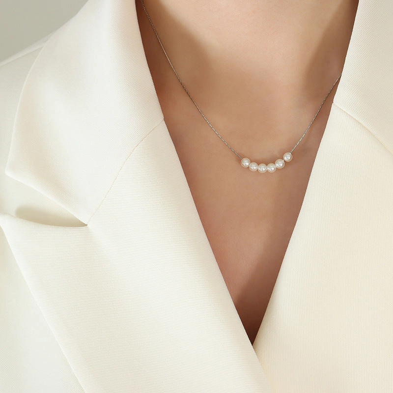 Wholesale Imitation Pearl Round Beads Titanium Steel Gold Plated Necklace