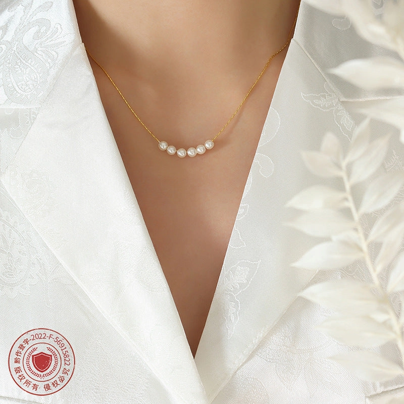 Wholesale Imitation Pearl Round Beads Titanium Steel Gold Plated Necklace