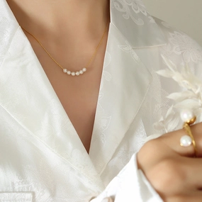 Wholesale Imitation Pearl Round Beads Titanium Steel Gold Plated Necklace