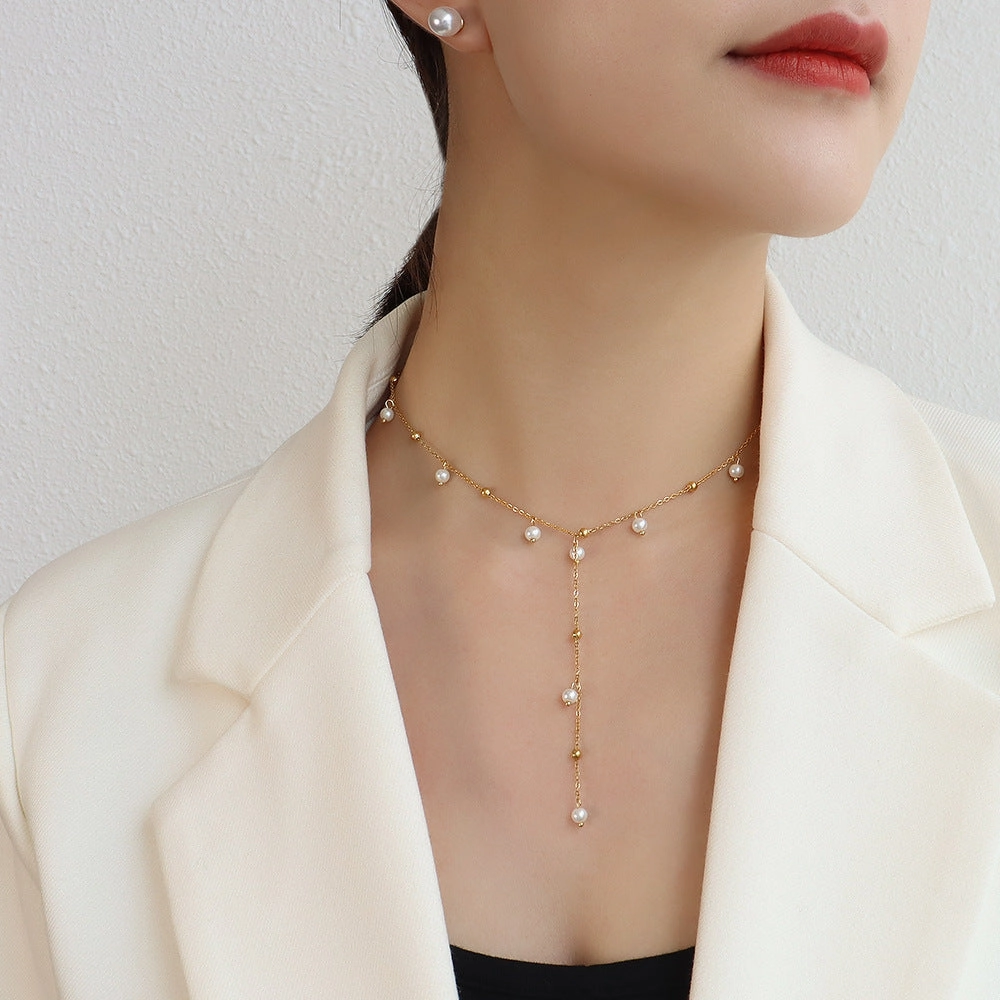 Wholesale Imitation Pearl Titanium Steel Titanium Steel Plated 18k Gold Tassel Necklace