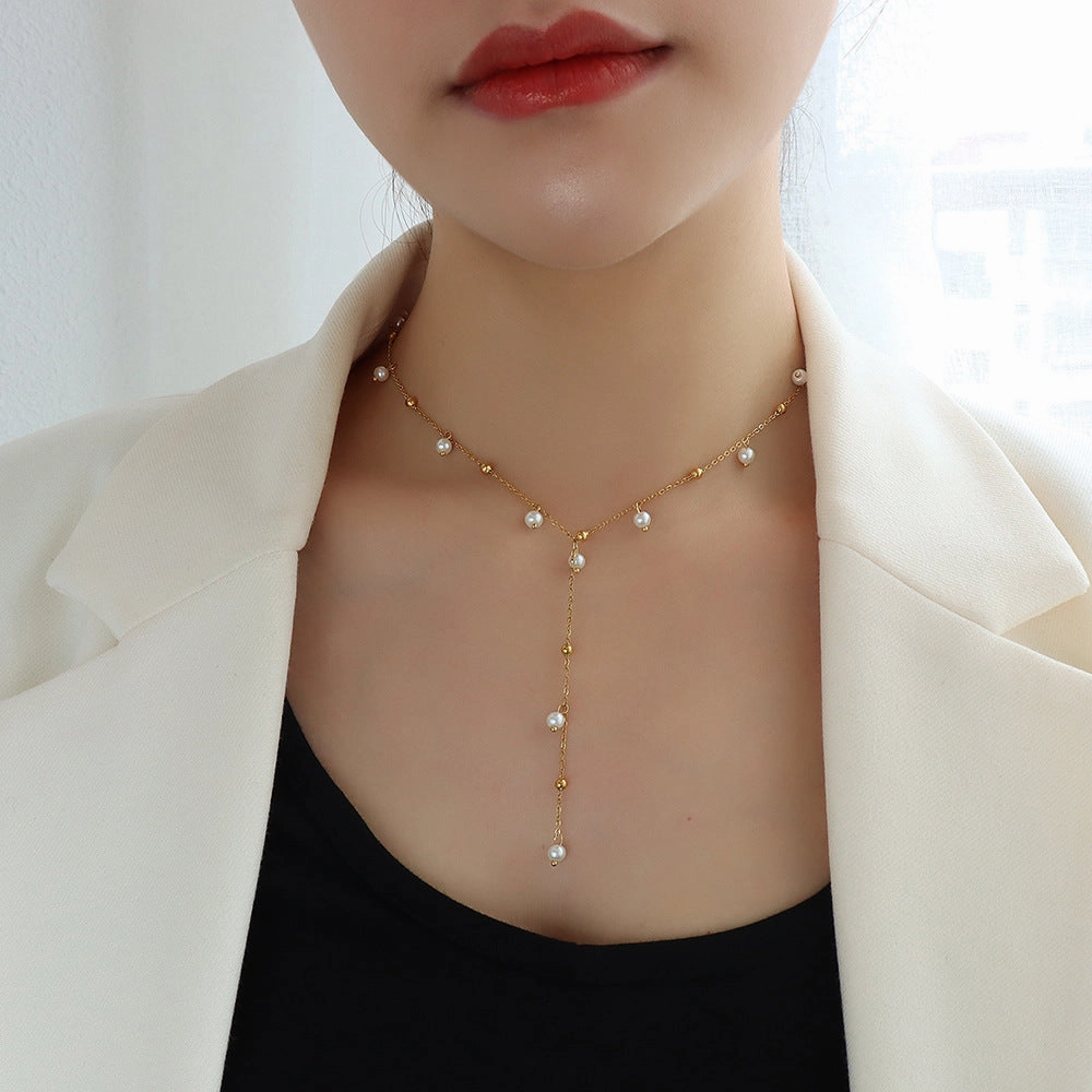 Wholesale Imitation Pearl Titanium Steel Titanium Steel Plated 18k Gold Tassel Necklace