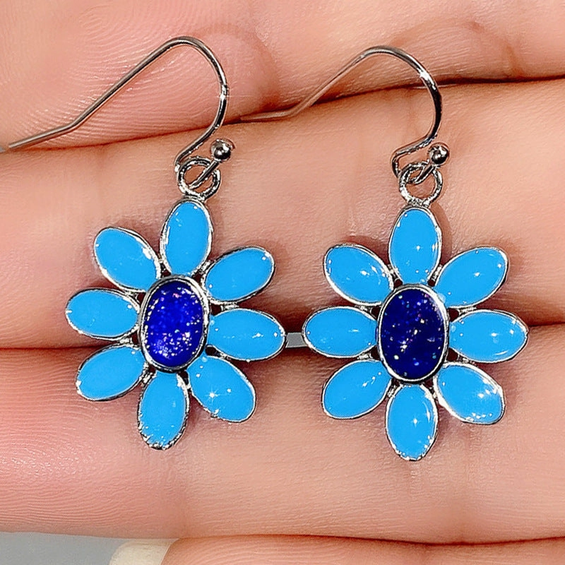 Wholesale Imitation Turquoise Small Daisy Flower Alloy Earrings