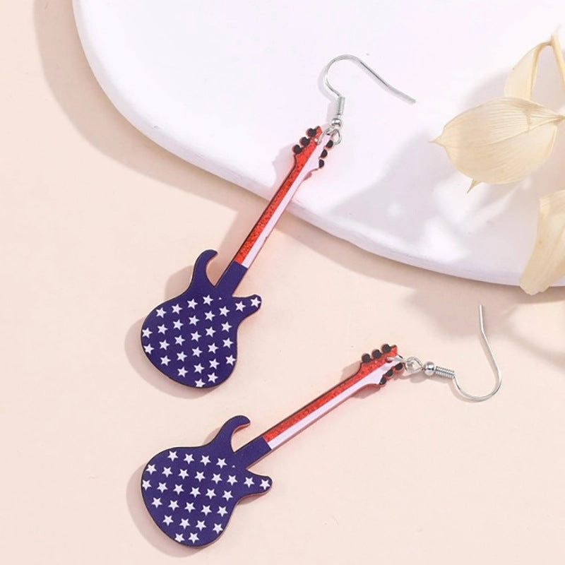 Wholesale Independence Day American Flag Cute Guitar Earrings