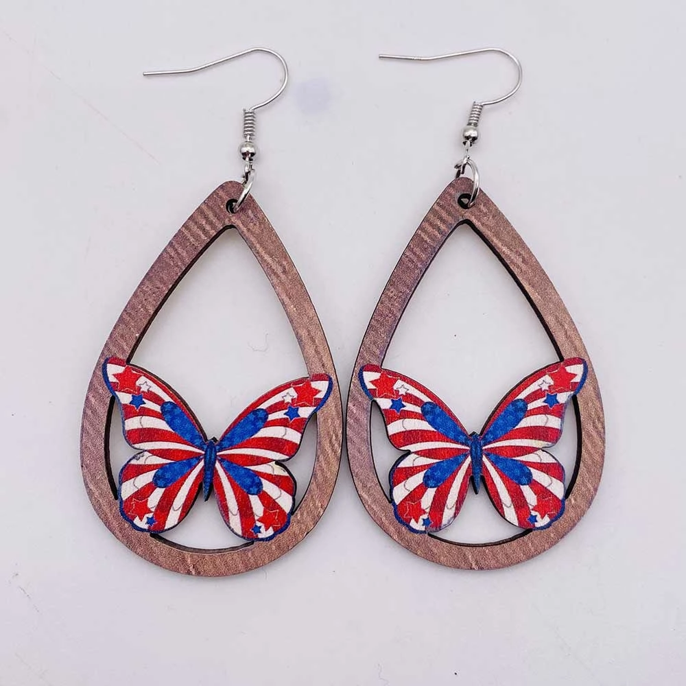 Wholesale Independence Day Butterfly Hollow Wooden Earrings