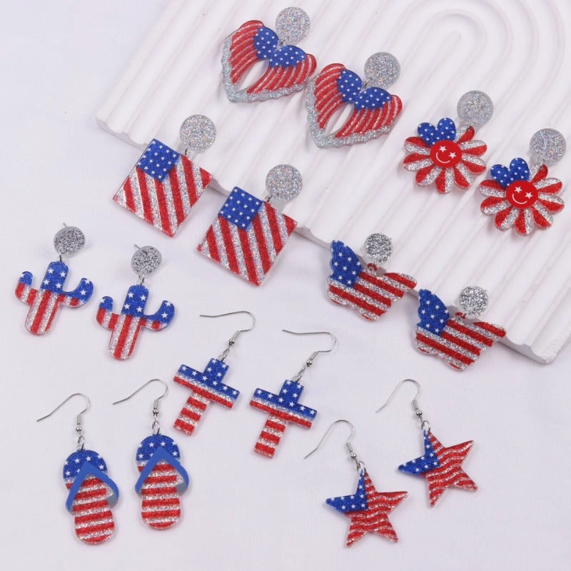 Wholesale Independence Day Elements Red, White and Blue National Flag Colorful Love Acrylic Earrings