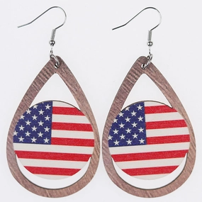 Wholesale Independence Day Flag Pattern Drop Shape Wooden Earrings