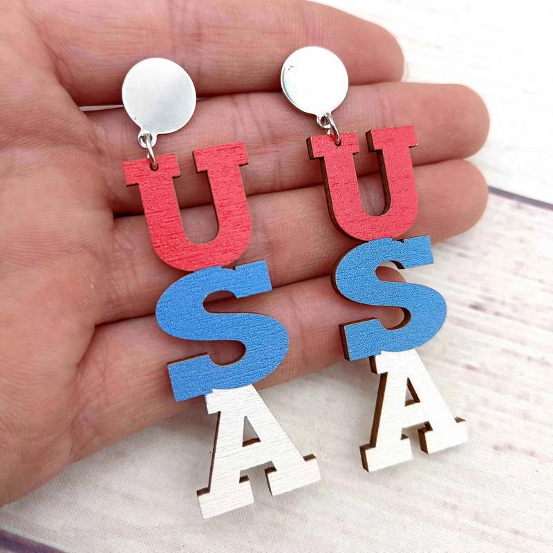Wholesale Independence Day Flag Wooden Colorful Alphabet Stainless Steel Earrings