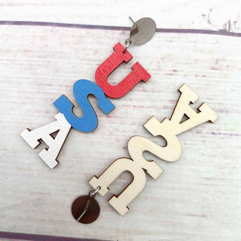 Wholesale Independence Day Flag Wooden Colorful Alphabet Stainless Steel Earrings