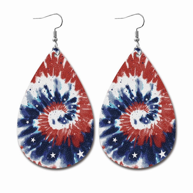 Wholesale Independence Day Water Drop American Flag Distressed Leather Earrings