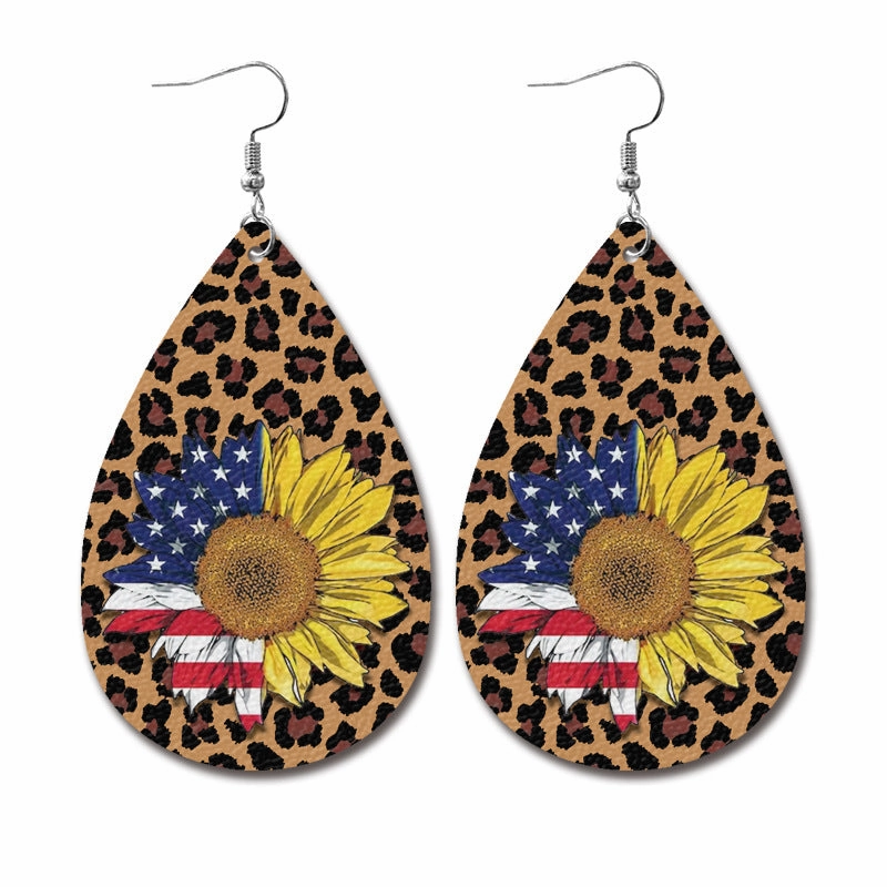 Wholesale Independence Day Water Drop American Flag Distressed Leather Earrings