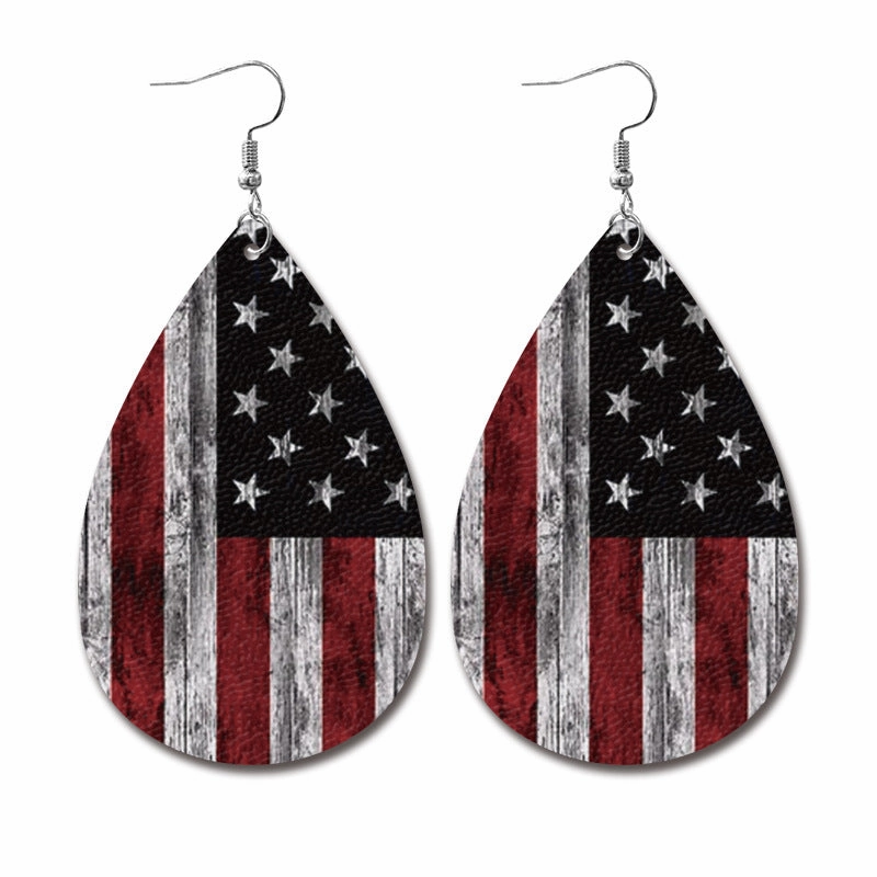 Wholesale Independence Day Water Drop American Flag Distressed Leather Earrings