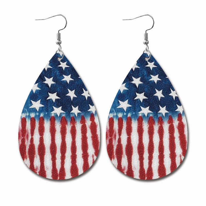Wholesale Independence Day Water Drop American Flag Distressed Leather Earrings