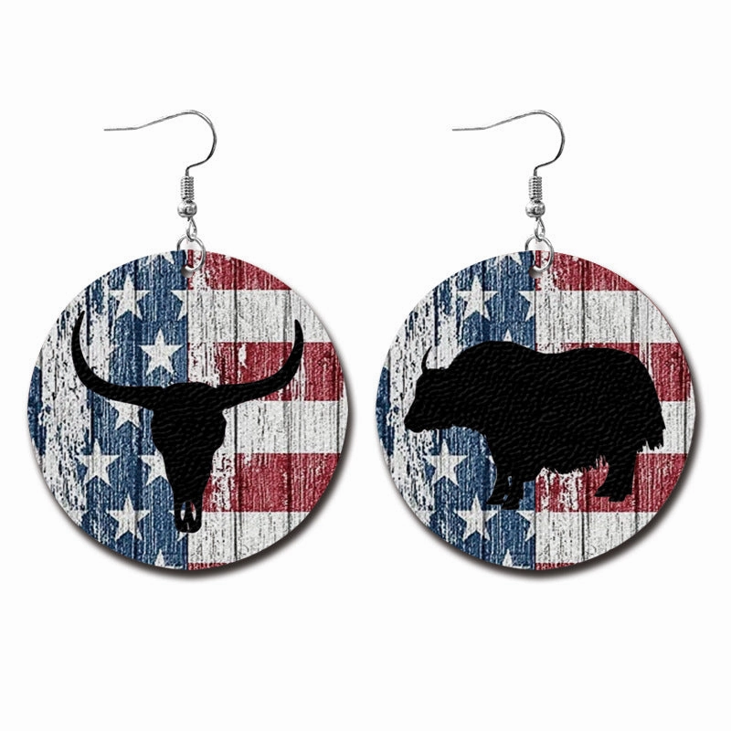Wholesale Independence Day Water Drop American Flag Distressed Leather Earrings