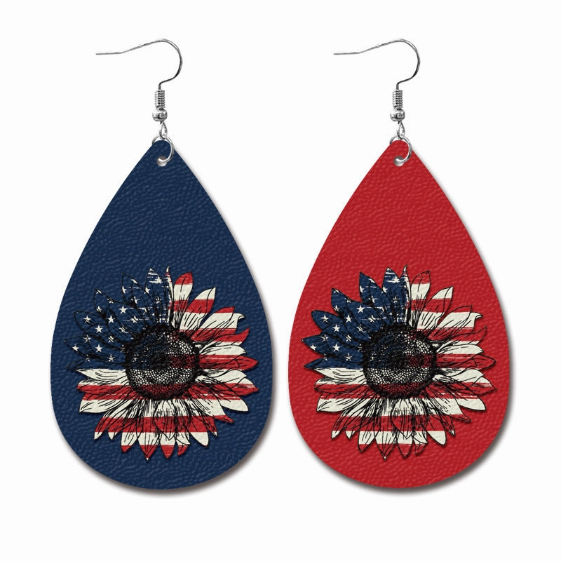 Wholesale Independence Day Water Drop American Flag Distressed Leather Earrings