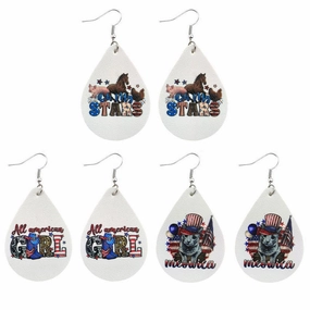 Wholesale Independence Day Western Style Boots Hat Cat Horse Pig PU Leather Drop Shape Earrings