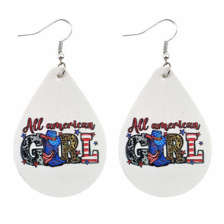 Wholesale Independence Day Western Style Boots Hat Cat Horse Pig PU Leather Drop Shape Earrings