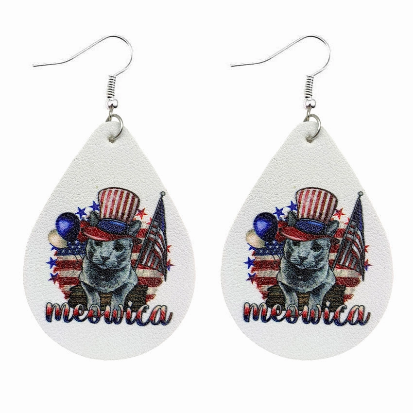 Wholesale Independence Day Western Style Boots Hat Cat Horse Pig PU Leather Drop Shape Earrings