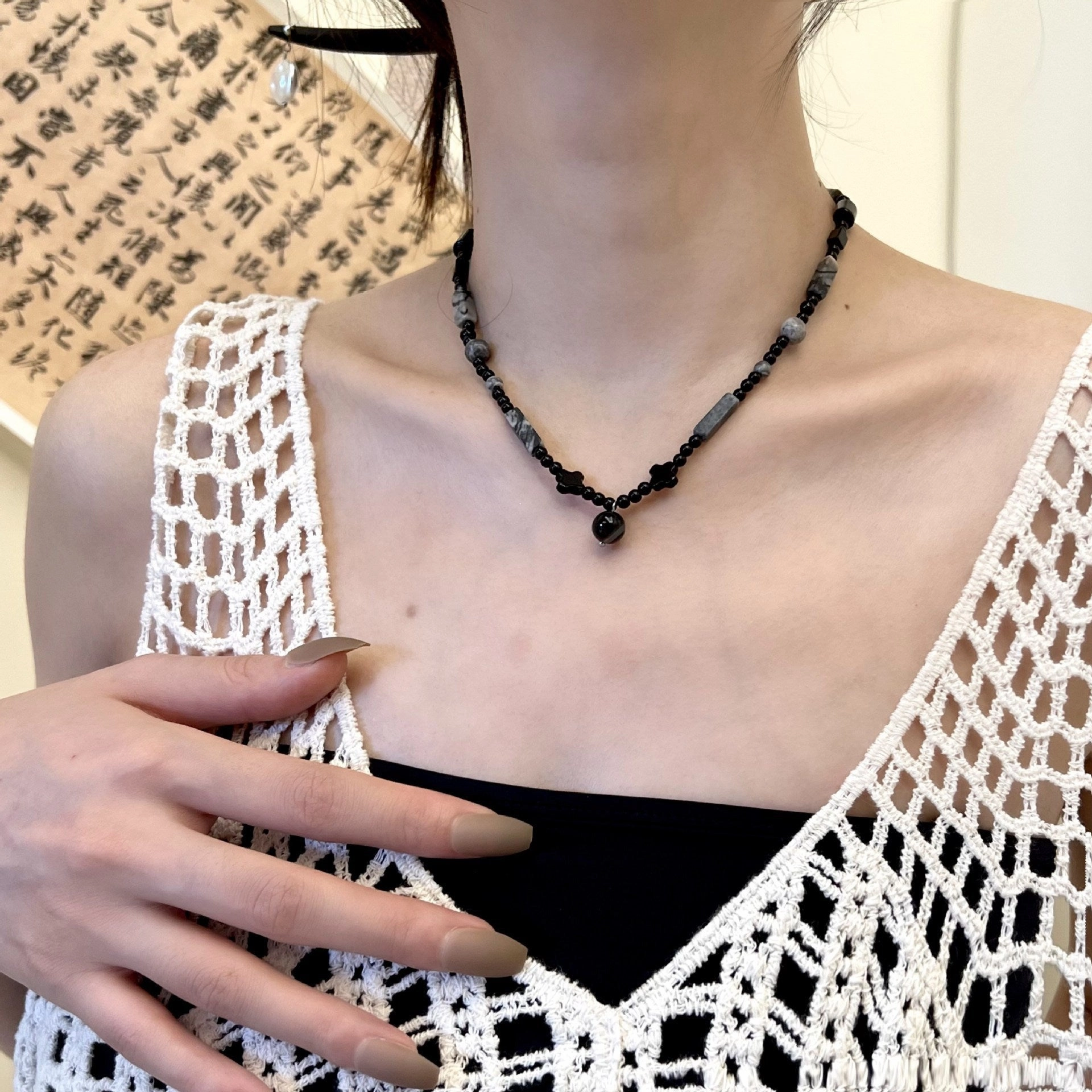 Wholesale Ink Style Beaded Agate Necklace
