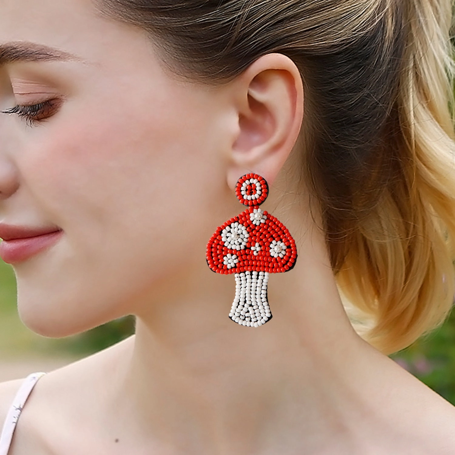 Wholesale Intangible Cultural Heritage Handicraft Plant Mushroom Earrings Handmade  Bohemian Rice Bead Earrings