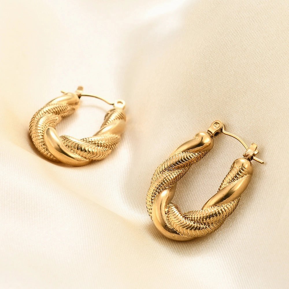Wholesale Irregular Fried Dough Twists Snake Chain Double-layer 14K Gold Stainless Steel Earrings