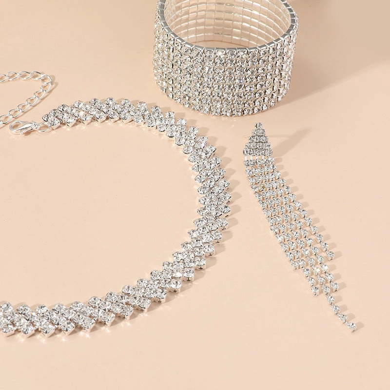 Wholesale Irregular Full Diamond Claw Chain Bracelet Earring Bacelet Rhinestone Three-Piece Set