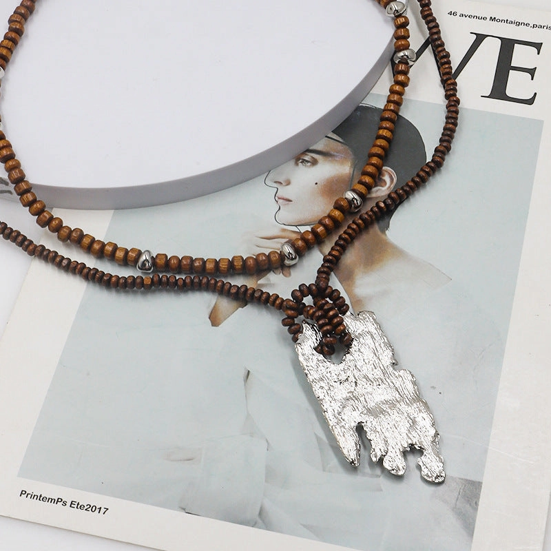 Wholesale Irregular Simple Pendant Necklaces with Wood Beads Double Layer Long Necklaces