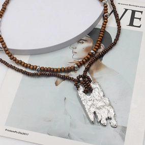 Wholesale Irregular Simple Pendant Necklaces with Wood Beads Double Layer Long Necklaces