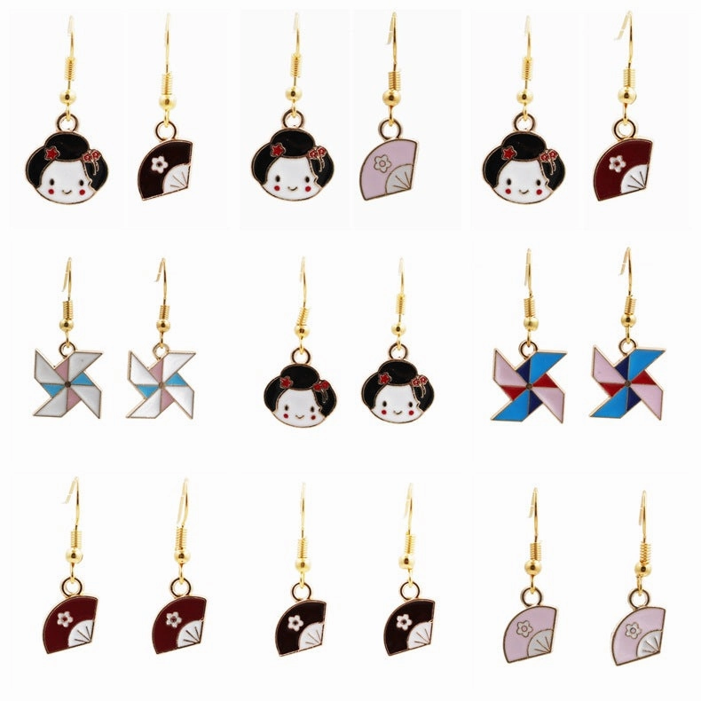 Wholesale Japanese Geisha Fan Alloy Earrings