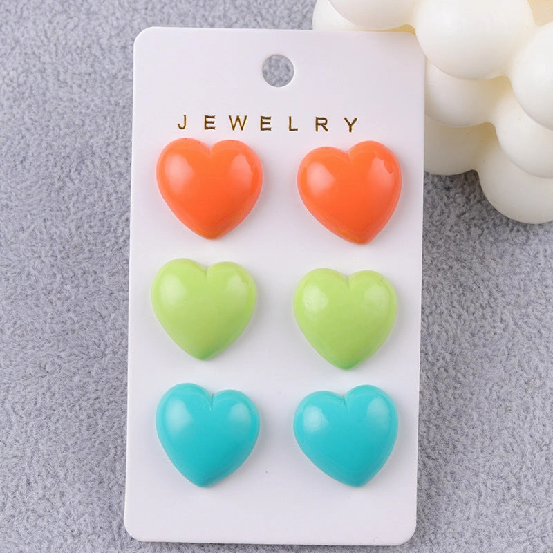 Wholesale Japanese Style Fresh Candy Colored Love Three Piece Set Acrylic Simple and Fashionable Earrings