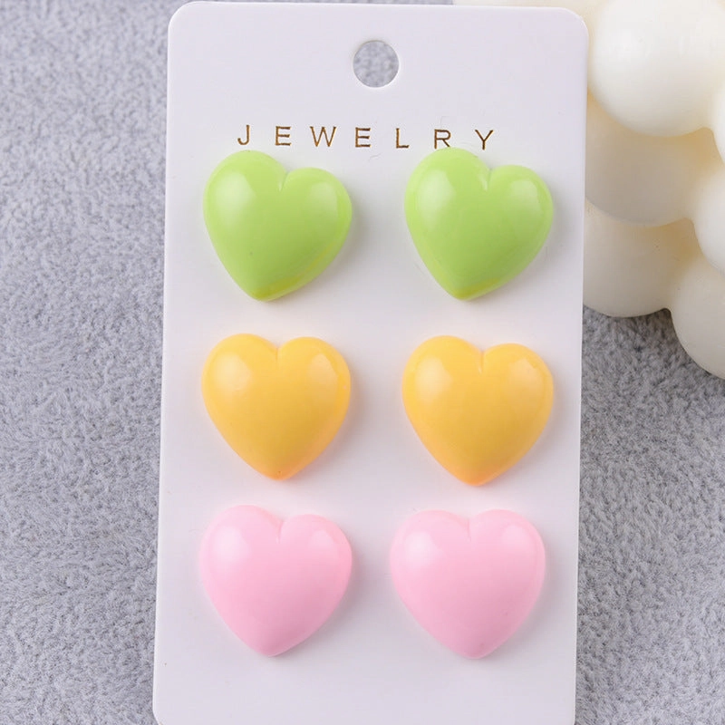 Wholesale Japanese Style Fresh Candy Colored Love Three Piece Set Acrylic Simple and Fashionable Earrings