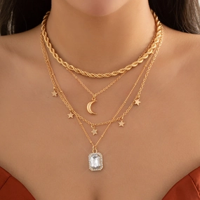 Wholesale Jewelry Alloy Stacked Square Rhinestone Pendant Moon Star Necklace