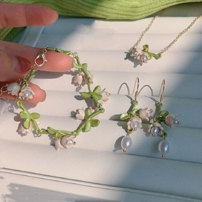 Wholesale Jewelry Alloy White Lily of the Valley Bracelet Set